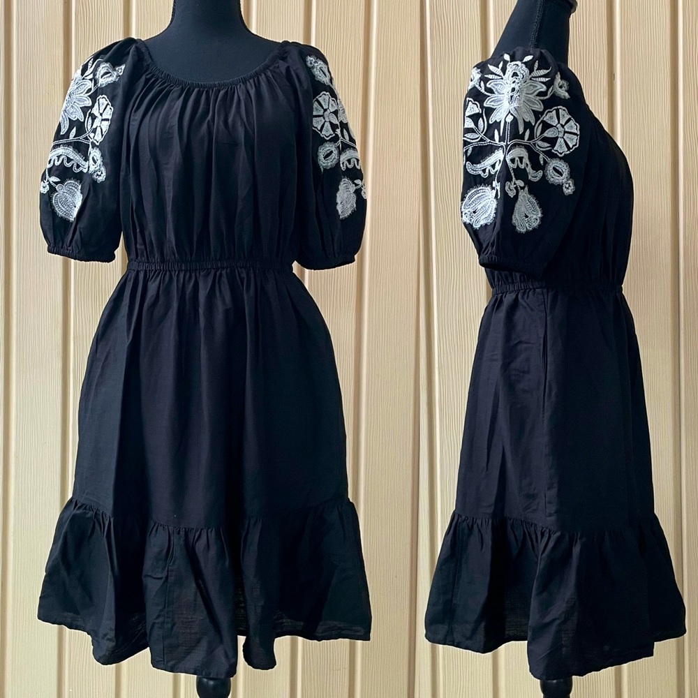 Knox Rose • Midi Black and White 3/4 Sleeve Embroidered Dress NWT